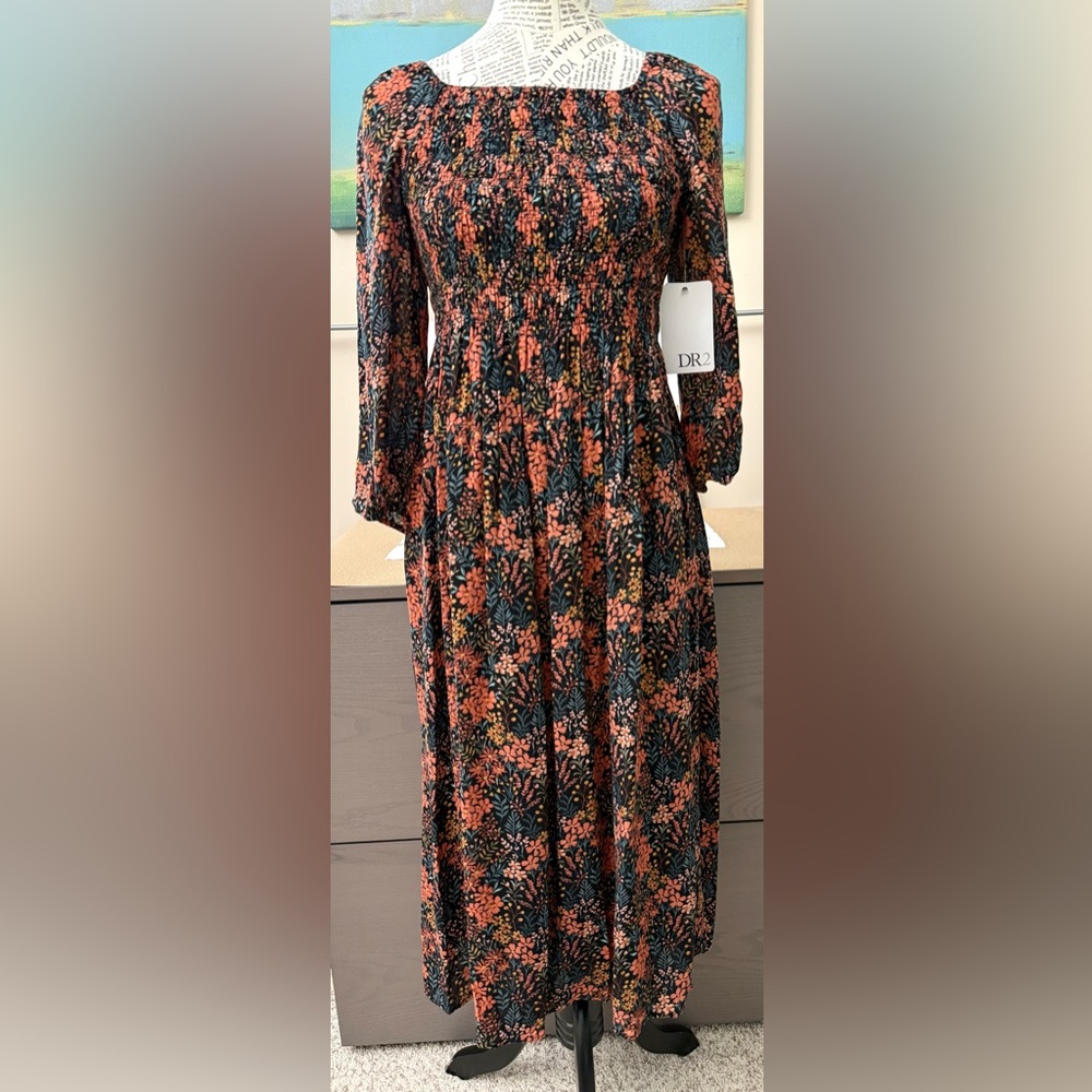 Dr2 Floral Print Smocked Long Sleeve Dress Size Large